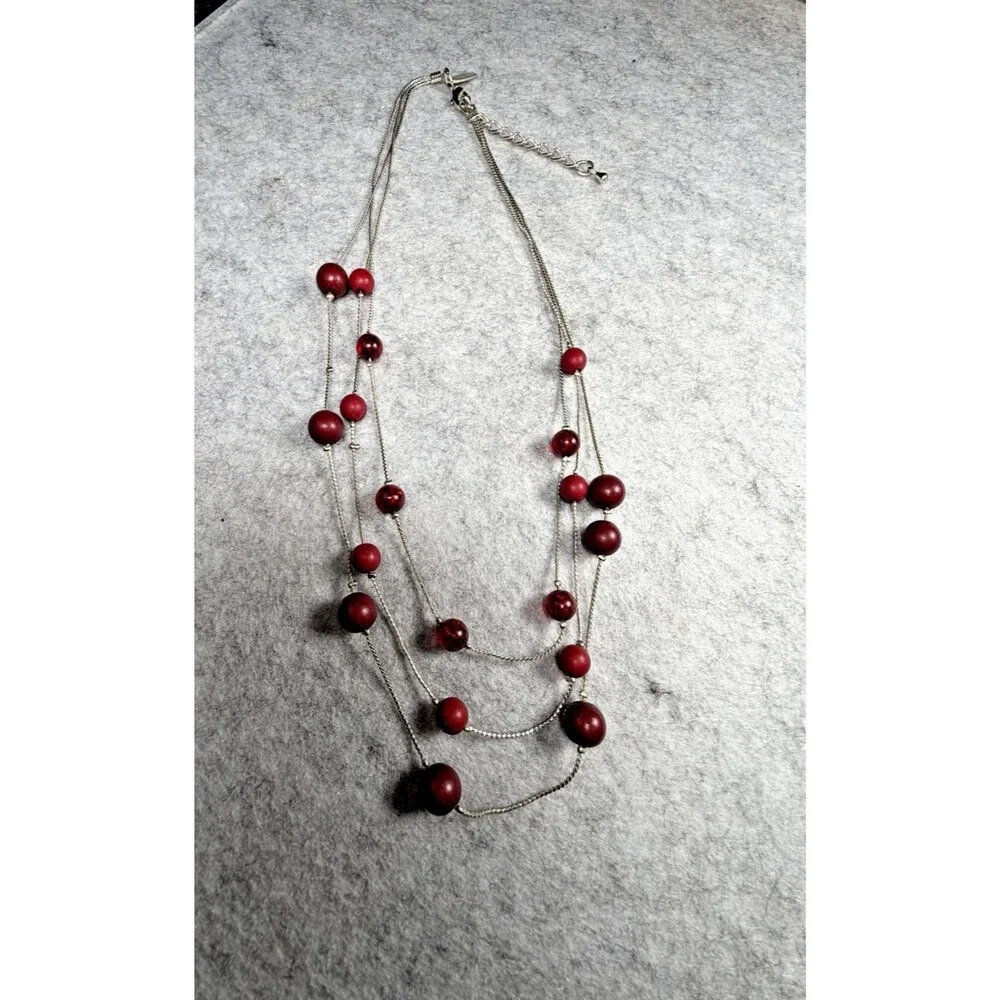 Vintage Y2K Red Beaded Triple Strand Necklace Silver Tone Statement Jewelry